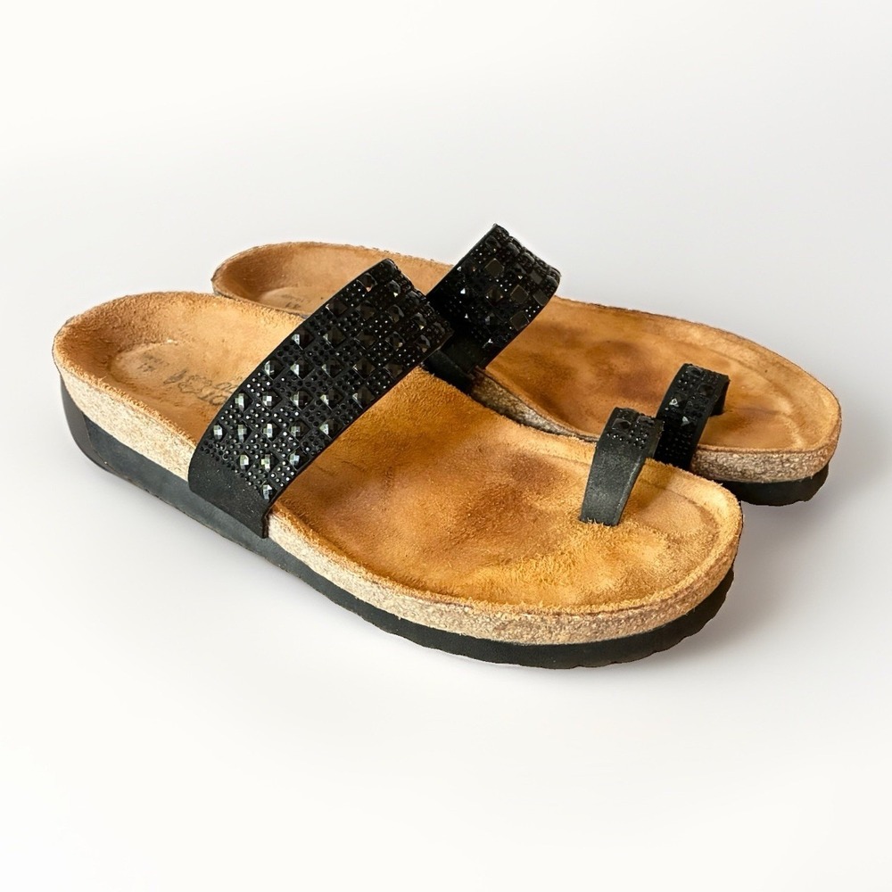 Naot Nevada Toe Ring Slides Sandals Black Beaded Rhinestone Womens 10 EU 41